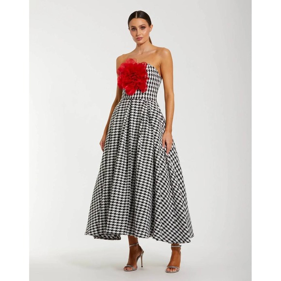 NWT Mac Duggal Ieena‎ Black White Strapless Boucle A Line Midi Dress W/3D Flower - Picture 4 of 15